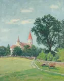 Jan Wałach, PEJZAŻ LETNI Z KOŚCIOŁEM, 1938, olej, płótno