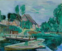 Henri Epstein, KRAJOBRAZ Z DOMAMI NAD STAWEM, 1934, olej, płótno