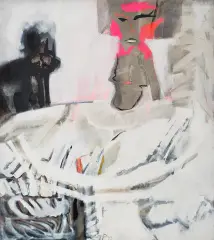 Teresa Pągowska, KRYNOLINA Z KOTEM, 1993, akryl, tempera, płótno
