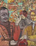 WIECZORNA ROZMOWA, z cyklu SPORTOWCY by Edward Dwurnik, 1973, olej, akryl, collage, płótno, sold Apr 2009