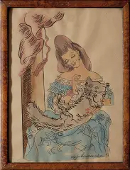 Maja (Maria) Berezowska, Dama z kotem, 1953, tusz pióro, akwarela, papier