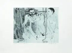 Janusz Przybylski, Malarz i modelka (Lamus), 1986, akwaforta na tincie, papier kremowy