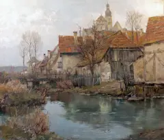 Josef Burger, DOMY NAD WODĄ, olej, deska
