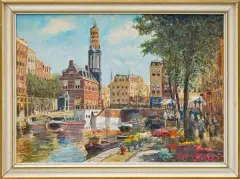 Louis de Leeuw, TARG KWIATOWY W AMSTERDAMIE, olej, płótno