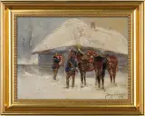 PUK, PUK W OKIENECZKO by Jerzy Kossak, 1939, olej, płótno naklejone na sklejkę, sold Mar 2009
