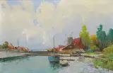 Hans Johann Wagner, PEJZAŻ NADWODNY Z WIATRAKIEM, olej, płótno