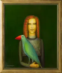 Mira Andrzejewska Kalkowska, Portret z ptakiem, 2008, olej, płyta pilśniowa