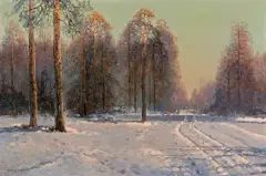 W ZIMOWYM SŁOŃCU by Wiktor Korecki, olej, płótno, sold Dec 2008