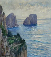Albert Wenk, SKAŁY FARAGLIONI U BRZEGÓW CAPRI, 1916, olej, płótno