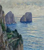 Albert Wenk, SKAŁY FARAGLIONI U BRZEGÓW CAPRI, 1916, olej, płótno