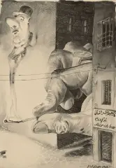 Bronisław Wojciech Linke, Ostrożnie z ogniem Nr 2, 1958, tusz pióro, pędzel, lawowanie, papier krem.