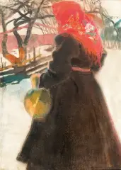 Alfons Karpiński, DZIEWCZYNA W CZERWONEJ CHUSTCE, 1905/10, pastel, akwarela, karton
