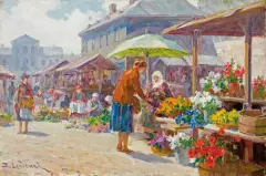 Emil Lindeman, NA TARGU, lata 30. XX wieku, olej, tektura