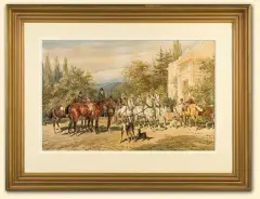 Juliusz Kossak, PRZED PAŁACEM W KRZESZOWICACH, 1877, akwarela, papier