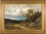 Heinrich Ludwig Frische, PEJZAŻ GÓRSKI Z JEŹDŹCEM, 1861, olej, płótno