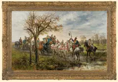 Jan Chełmiński, DWÓR PAŃSKI W PODRÓŻY ZA CZASÓW AUGUSTA III, 1880, olej, płótno