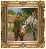 ŻOŁNIERZ POJĄCY KONIA by Wojciech Kossak, 1927, olej, tektura, sold Jun 2008