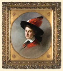 Carl Langhorst, PORTRET DAMY W OZDOBNYM KAPELUSZU, 1915, olej, płótno