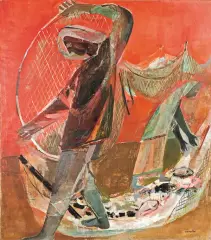Rajmund Kanelba, RYBACY O ZACHODZIE, 1952, olej, płótno