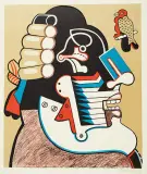 Simon Dittrich, Głowa z papugą, 1972, litografia barwna, papier kremowy