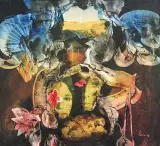 OKNA HAREMU III by Alfred Lenica, 1962, olej, collage, płyta pilśniowa, sold Apr 2008