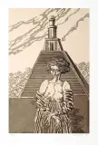 Kobieta na tle wieży by Jan Lebensztejn, 1985, litografia barwna, papier, sold Mar 2008