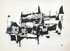 Stanisław Wójtowicz, Pejzaż włoski (II), 1957, drzeworyt, papier kremowoszary żeberkowy