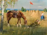 ODPOCZYNEK UŁANA by Jerzy Kossak, 1938, olej, tektura, sold Mar 2008