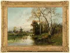 PEJZAŻ NADWODNY Z WIATRAKIEM by Heinz Flockenhaus, olej, płótno, sold Mar 2008