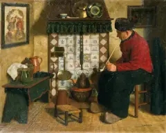 Wilhelm Gdanietz, PRZY KOMINKU, olej, płótno