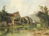 Ernst Bröcker, DOMY NAD WODĄ, po 1945, olej, płótno