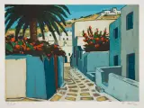 Jean-Claude Quilici, Kwitnący mur na Santorini, litografia barwna, papier