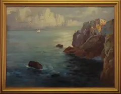 Nn Nn, Latarnia morska na skalistym brzegu, olej, sklejka