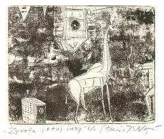 Żyrafa i ktoś inny by Stanisław Wejman, akwaforta, akwatinta sepiowa, papier, sold Dec 2007