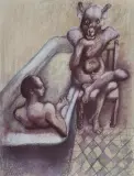 Jan Lebensztejn, SCENA DOMOWA, 1970, pastel, tusz pióro, papier