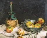 Josef Burger, MARTWA NATURA Z JABŁKAMI I BUTELKĄ WINA, 1922, olej, tektura