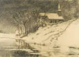 Roman Kochanowski, PEJZAŻ ZIMOWY Z RZEKĄ, węgiel, papier