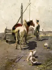 Franciszek Bujakiewicz, PRZY STUDNI, olej, deska