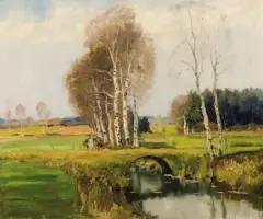 Joseph Rolf Knobloch, PEJZAŻ Z BRZOZAMI NAD POLNĄ STRUGĄ, olej, tektura