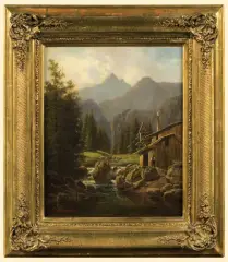 Carl Häfner, PEJZAŻ GÓRSKI Z CHATĄ, olej, płótno