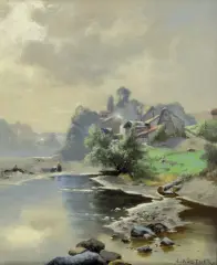 Karl (Carl) Küstner, NAD RZEKĄ, olej, tektura