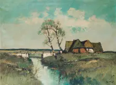 Otto Wild, PEJZAŻ WIEJSKI Z MOSTKIEM, olej, płótno