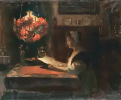 Frederick Vezin, WIECZORNA LEKTURA. PRZY LAMPIE, olej, płótno