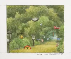 Jacek Yerka, ULICZKA, z serii KIESZONKOWA DŻUNGLA, 2006, kredki, karton