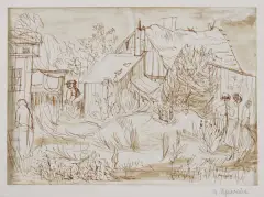 Maria Uśpieńska, PRZY STAREJ CHACIE, 1972, tusz sepia, pióro, lawowanie, papier