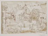 Maria Uśpieńska, PRZY STAREJ CHACIE, 1972, tusz sepia, pióro, lawowanie, papier