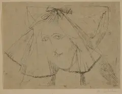 Anna Dębska, GŁOWA KOBIETY W WELONIE, tusz pióro, papier przebitkowy beżowy