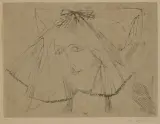 Anna Dębska, GŁOWA KOBIETY W WELONIE, tusz pióro, papier przebitkowy beżowy