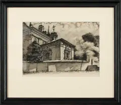 Stanisław Hiszpański, Widok na kaplicę przy barokowym kościele, 1953, tusz pióro, pędzel, lawowanie, papier krem.,
