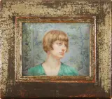 Główka dziewczyny na tle gobelinu by Gilberte Hél&egrave & ne Pommier-Zaborowska, lata 20. XXw., akwarela, płytka z kości naklejona na tekturę, sold Jun 2007